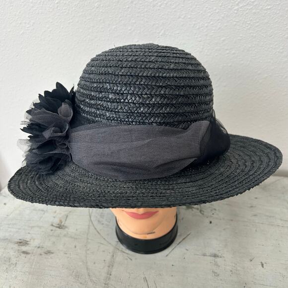 Vintage Betmar Black Straw derby Hat Floral Accent Made in Italy Wide main image 9